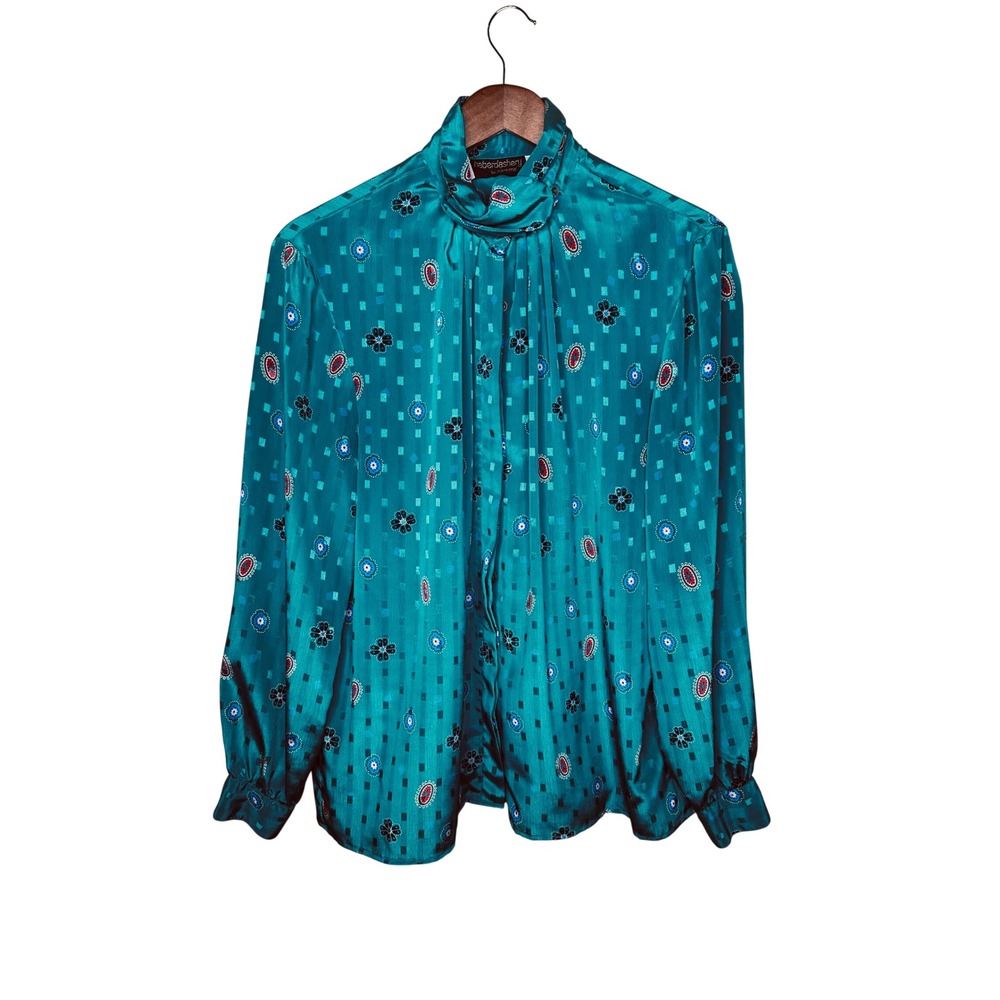 Vintage Haberdashery by Personal Teal Medallion Scarf Neck Blouse Womens 16 Plus